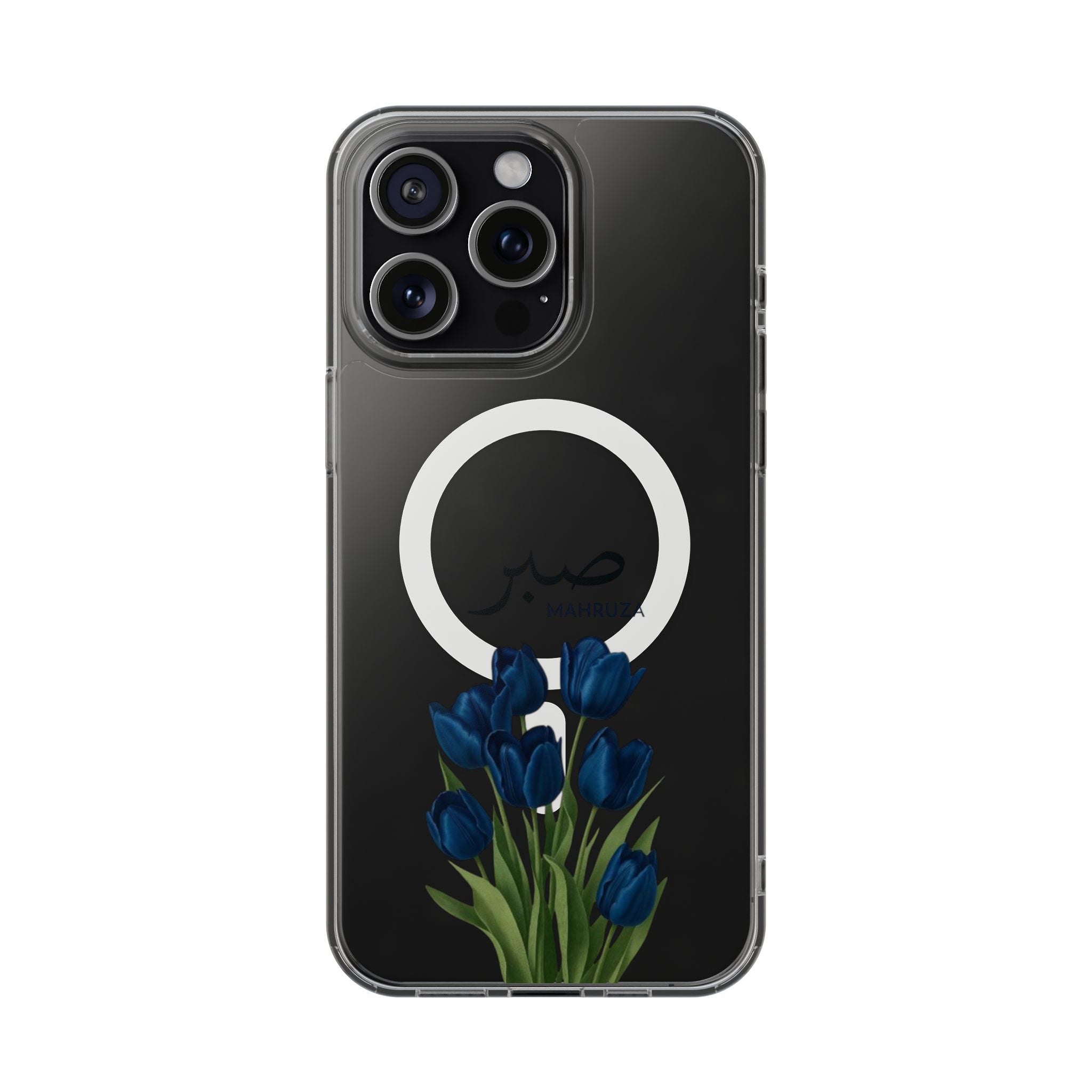 Clear Magnetic Phone Case — Blue Tulips with Arabic 'Sabr' (Patience)