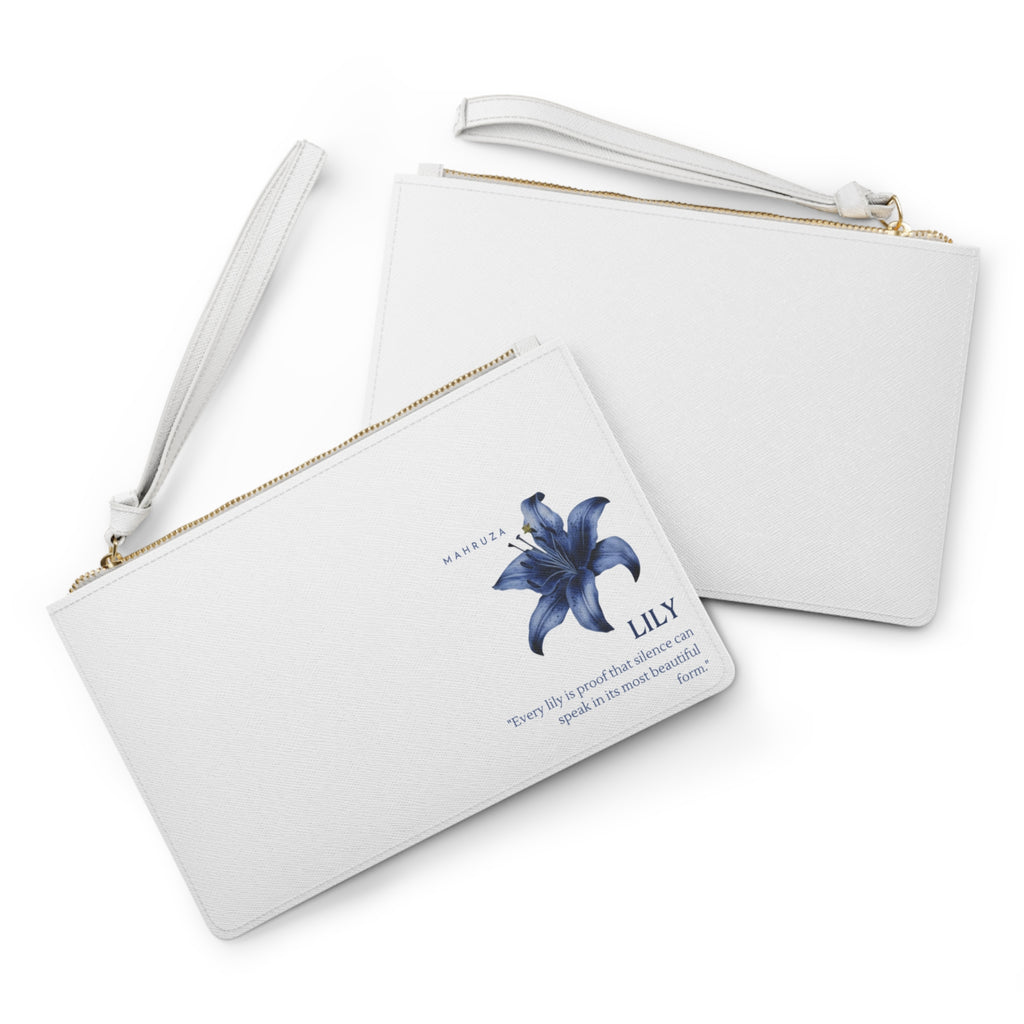 Lily Floral Clutch Bag — Elegant Blue Lily Wristlet with Inspirational Quote