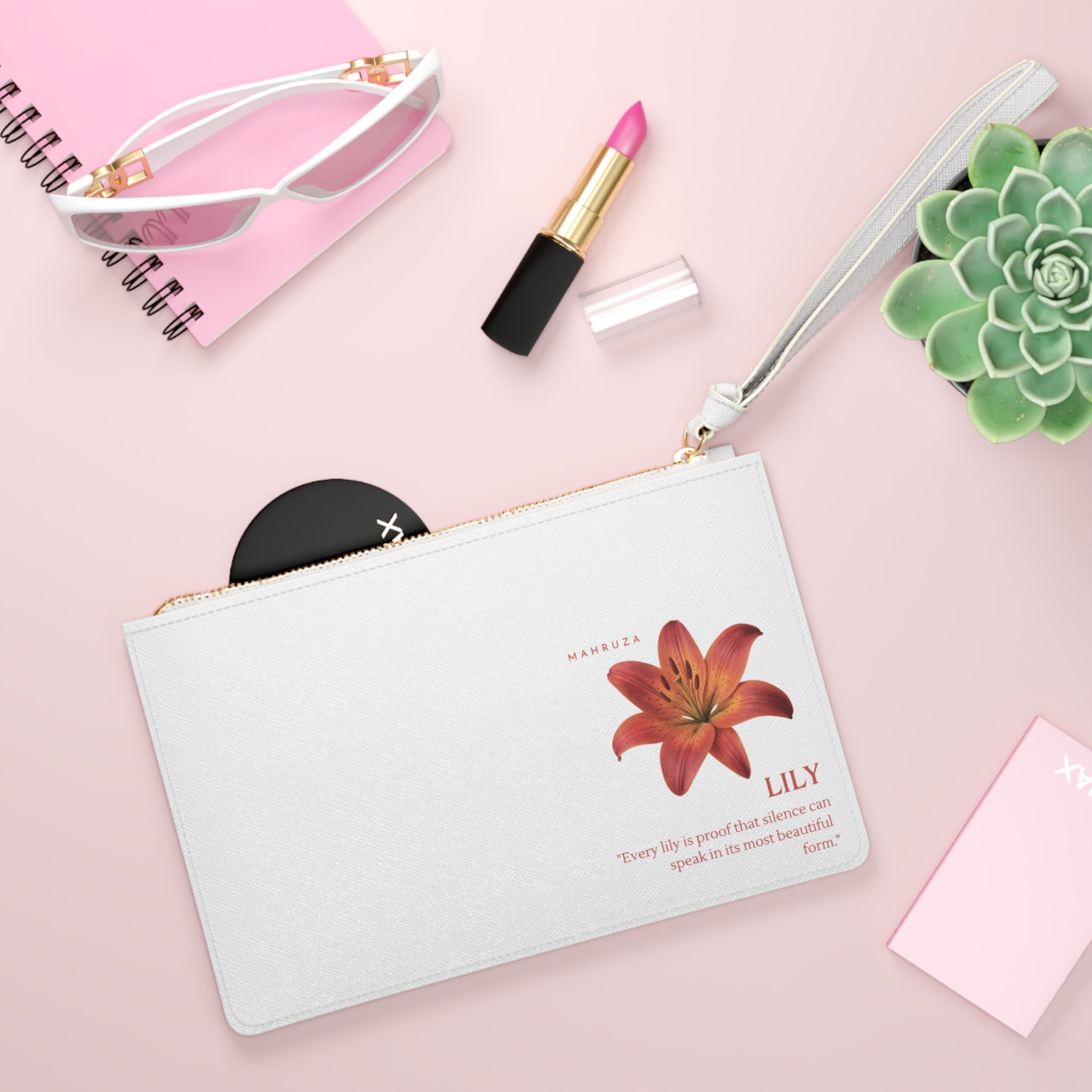 Lily Floral Clutch Bag — Botanical Accent Wristlet with 'Lily' Quote