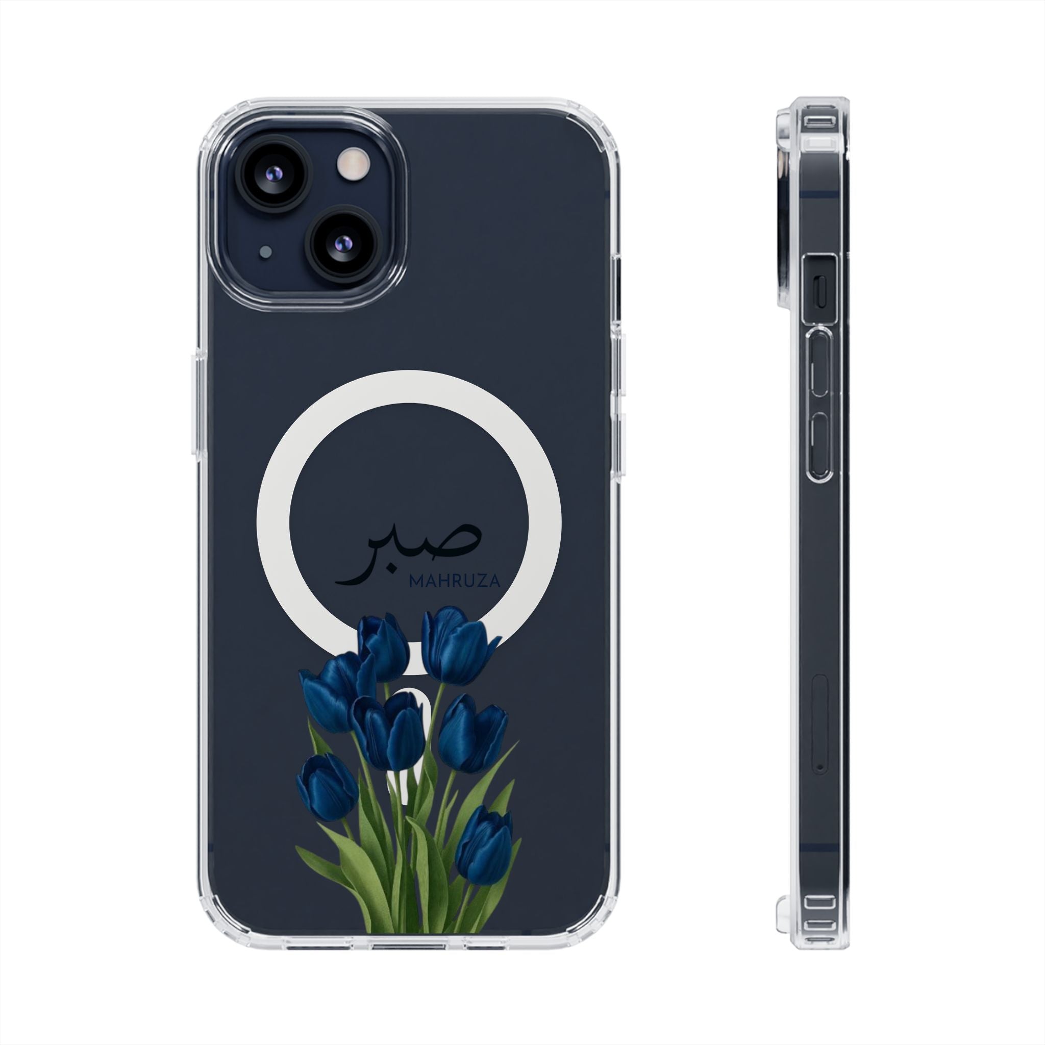 Clear Magnetic Phone Case — Blue Tulips with Arabic 'Sabr' (Patience)