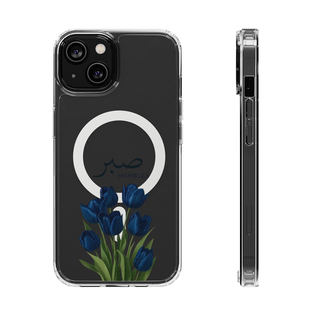 Clear Magnetic Phone Case — Blue Tulips with Arabic 'Sabr' (Patience)