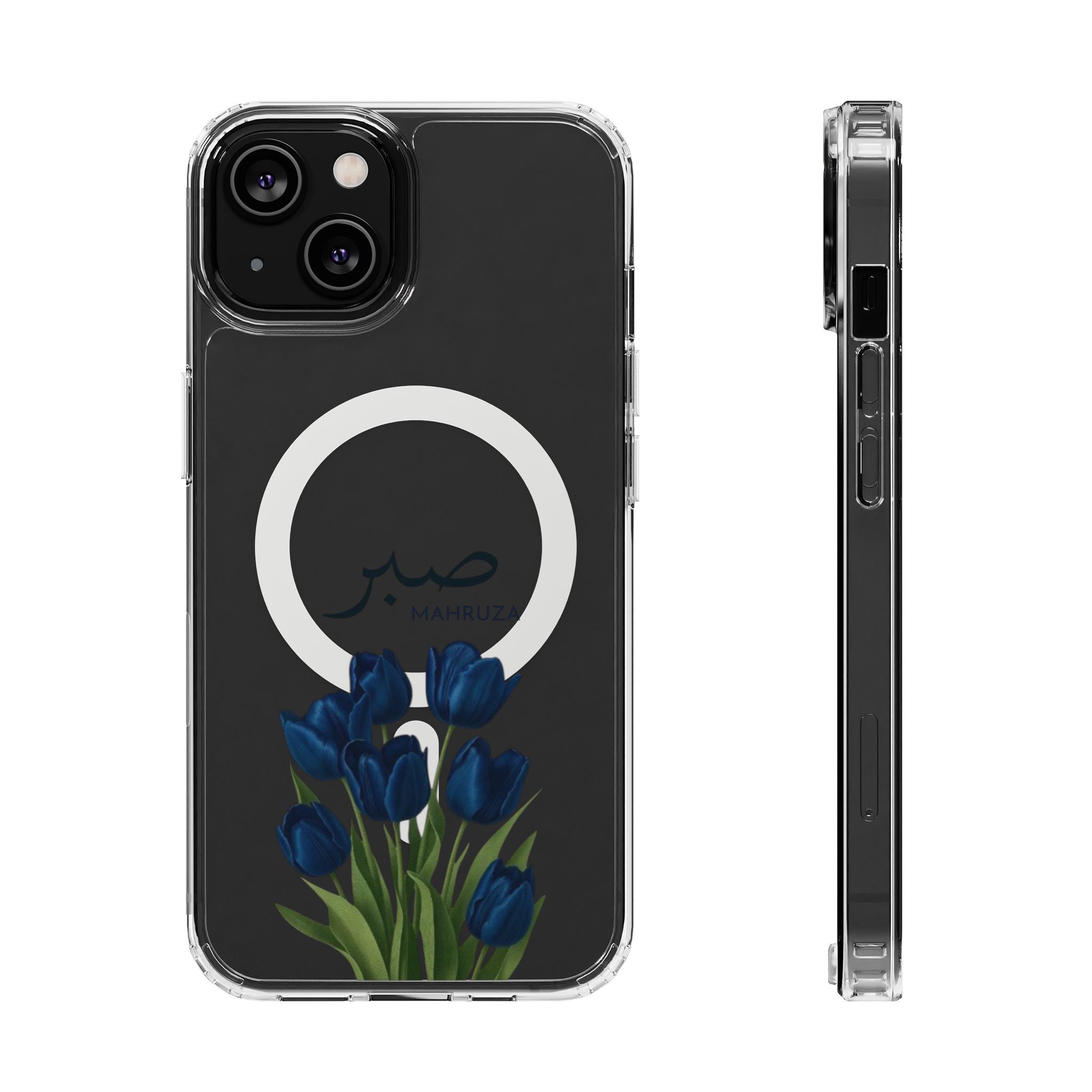 Clear Magnetic Phone Case — Blue Tulips with Arabic 'Sabr' (Patience)