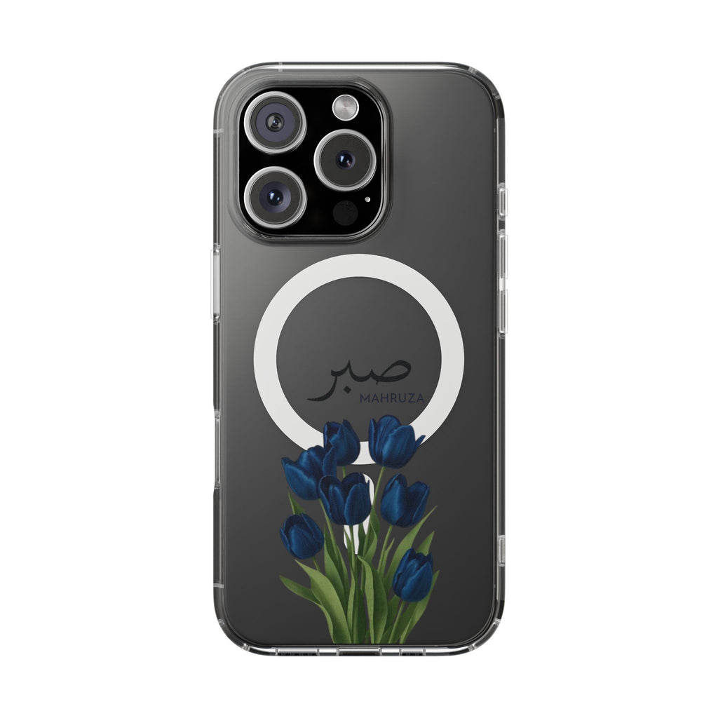 Clear Magnetic Phone Case — Blue Tulips with Arabic 'Sabr' (Patience)