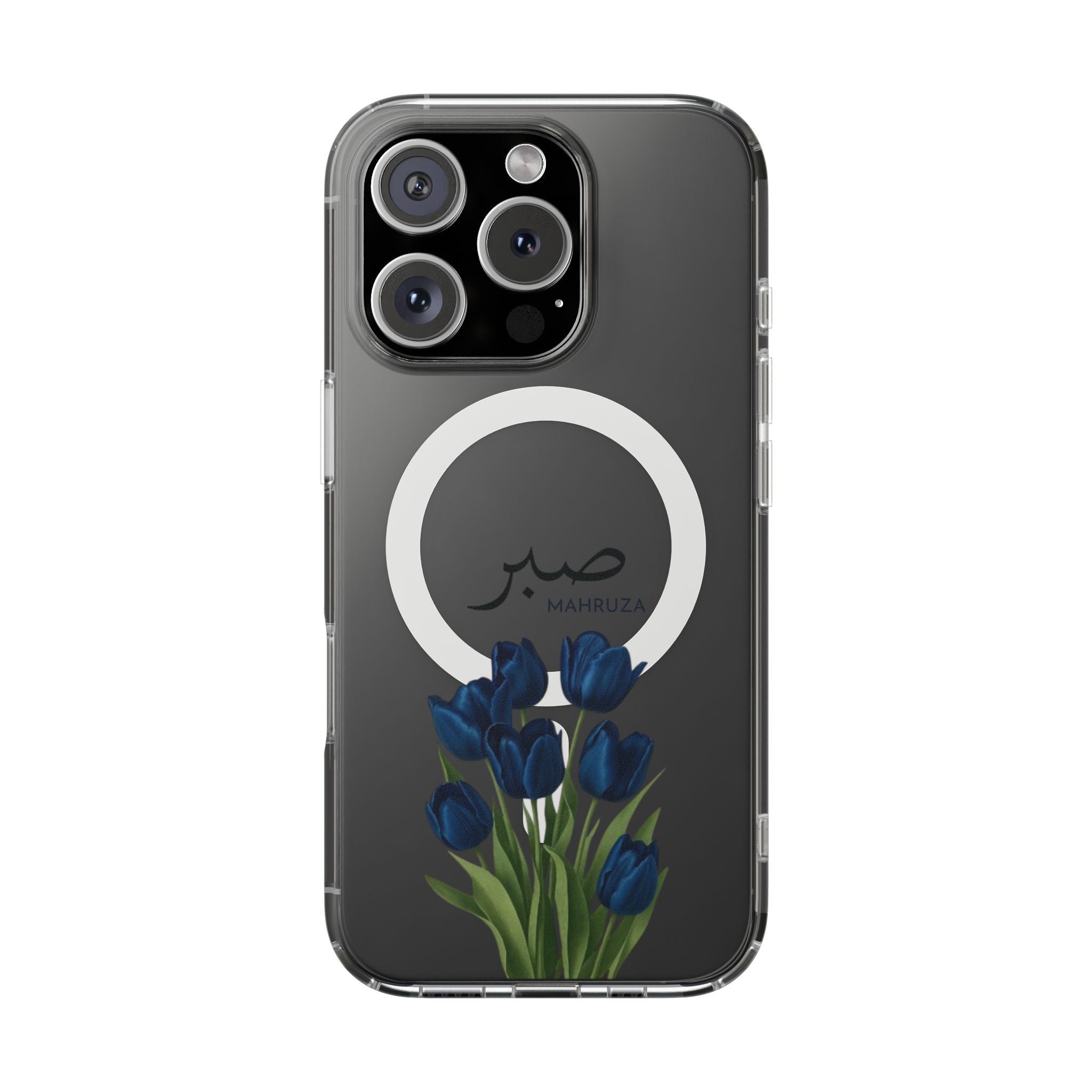 Clear Magnetic Phone Case — Blue Tulips with Arabic 'Sabr' (Patience)