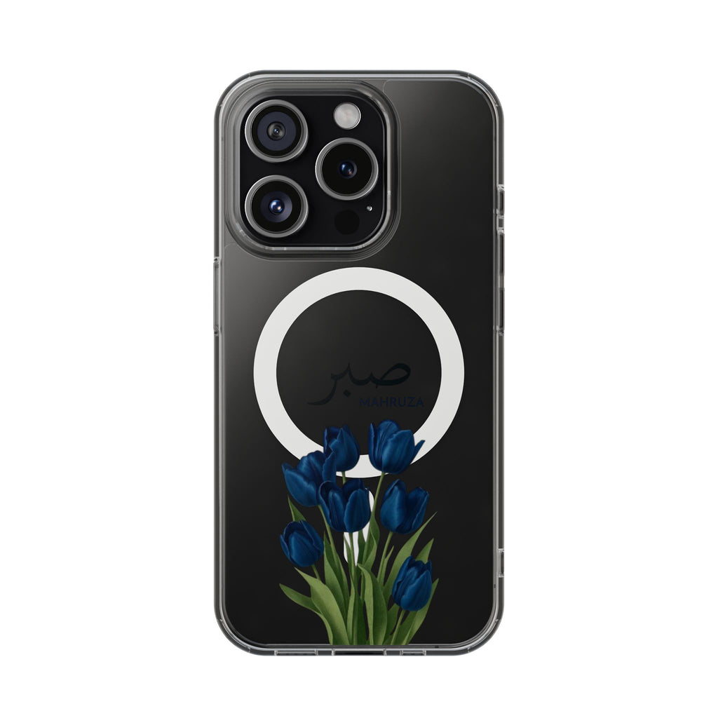 Clear Magnetic Phone Case — Blue Tulips with Arabic 'Sabr' (Patience)