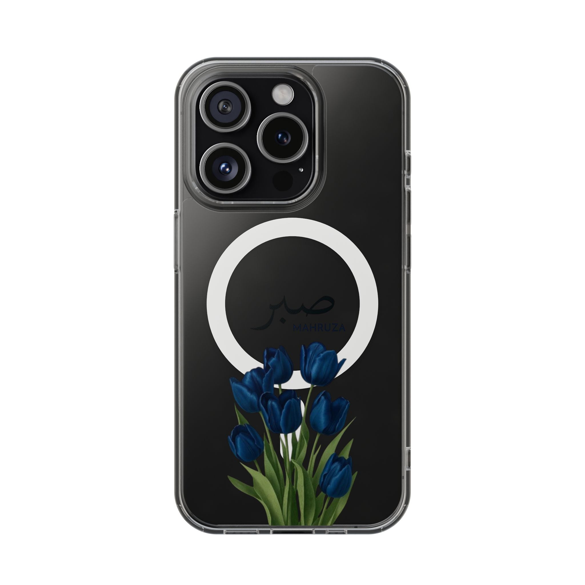 Clear Magnetic Phone Case — Blue Tulips with Arabic 'Sabr' (Patience)
