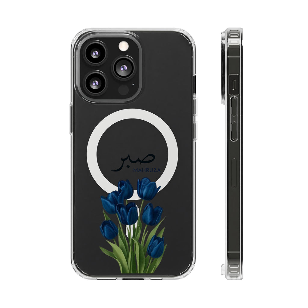 Clear Magnetic Phone Case — Blue Tulips with Arabic 'Sabr' (Patience)