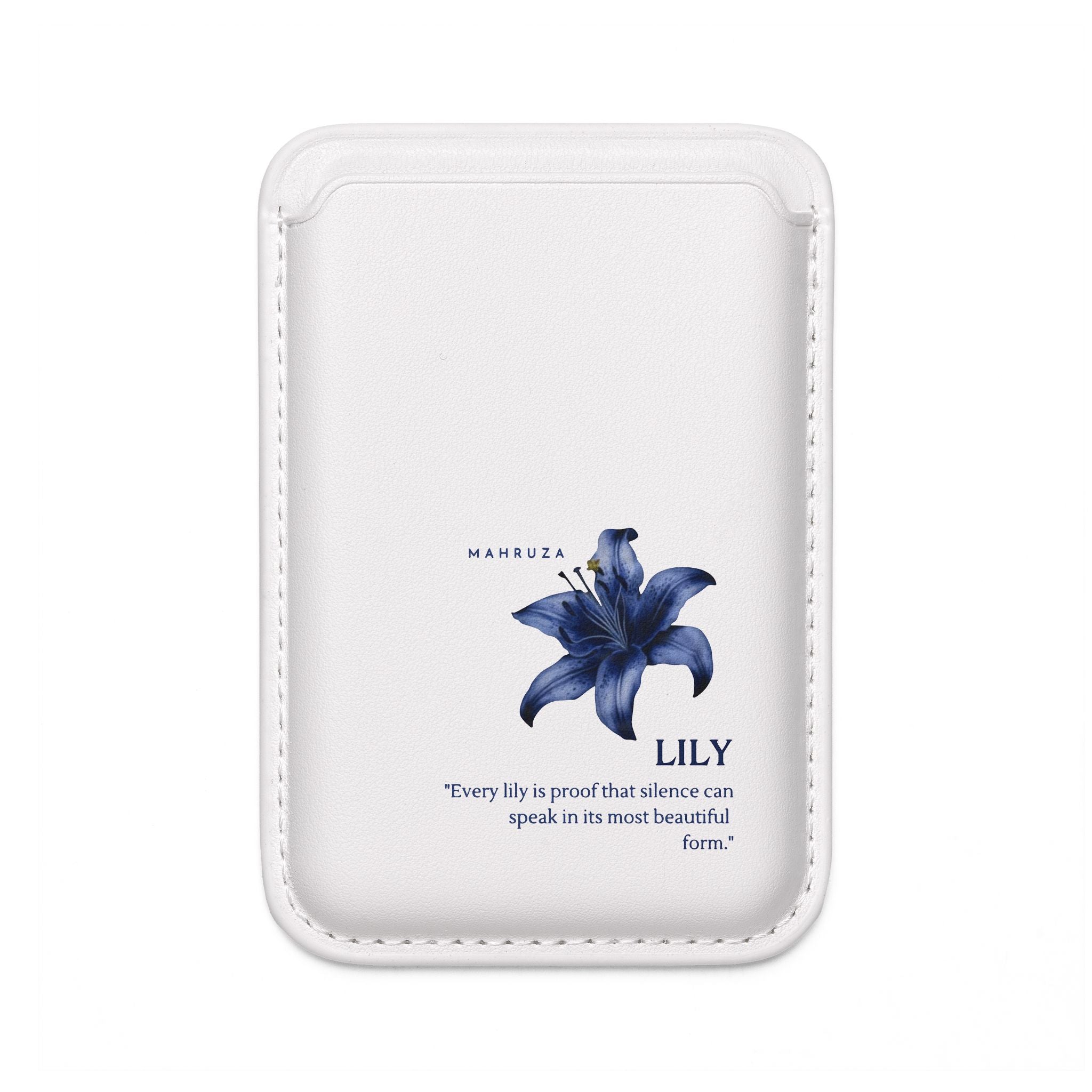 Lily Floral Vegan MagSafe Wallet — Blue Botanical Card Holder with Quote
