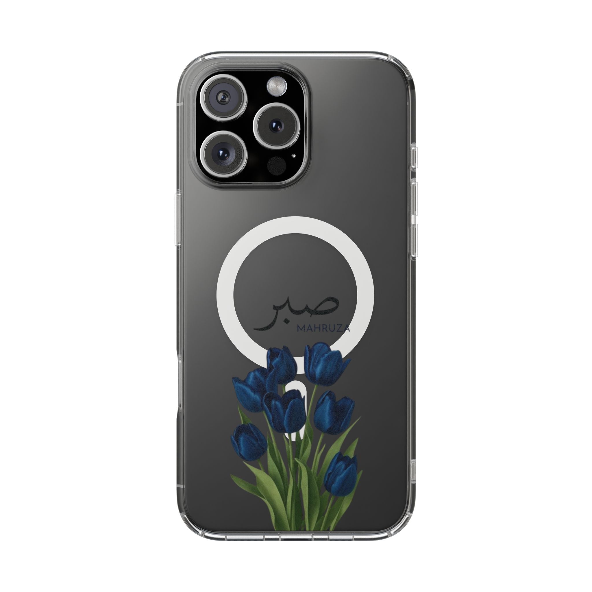 Clear Magnetic Phone Case — Blue Tulips with Arabic 'Sabr' (Patience)