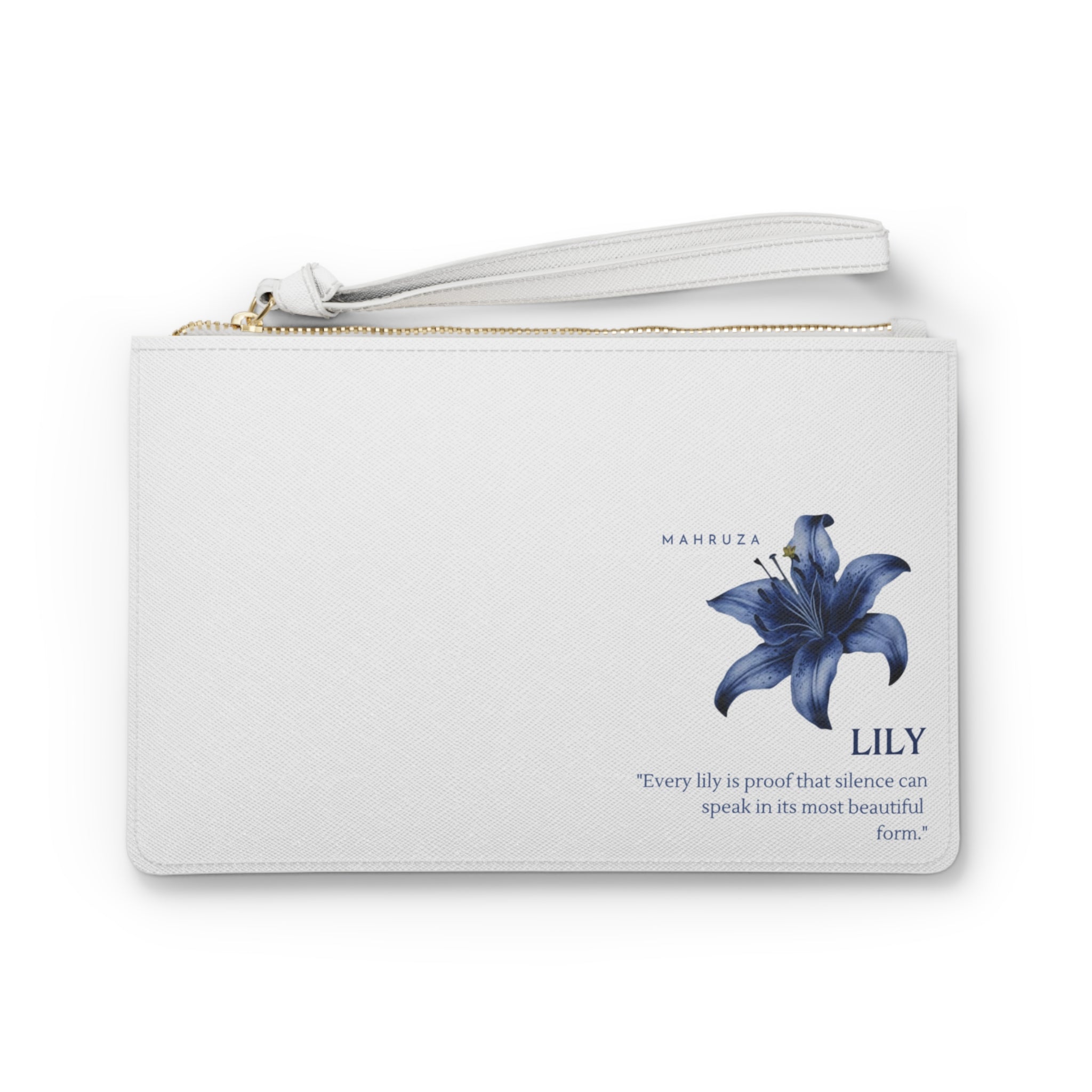 Lily Floral Clutch Bag — Elegant Blue Lily Wristlet with Inspirational Quote