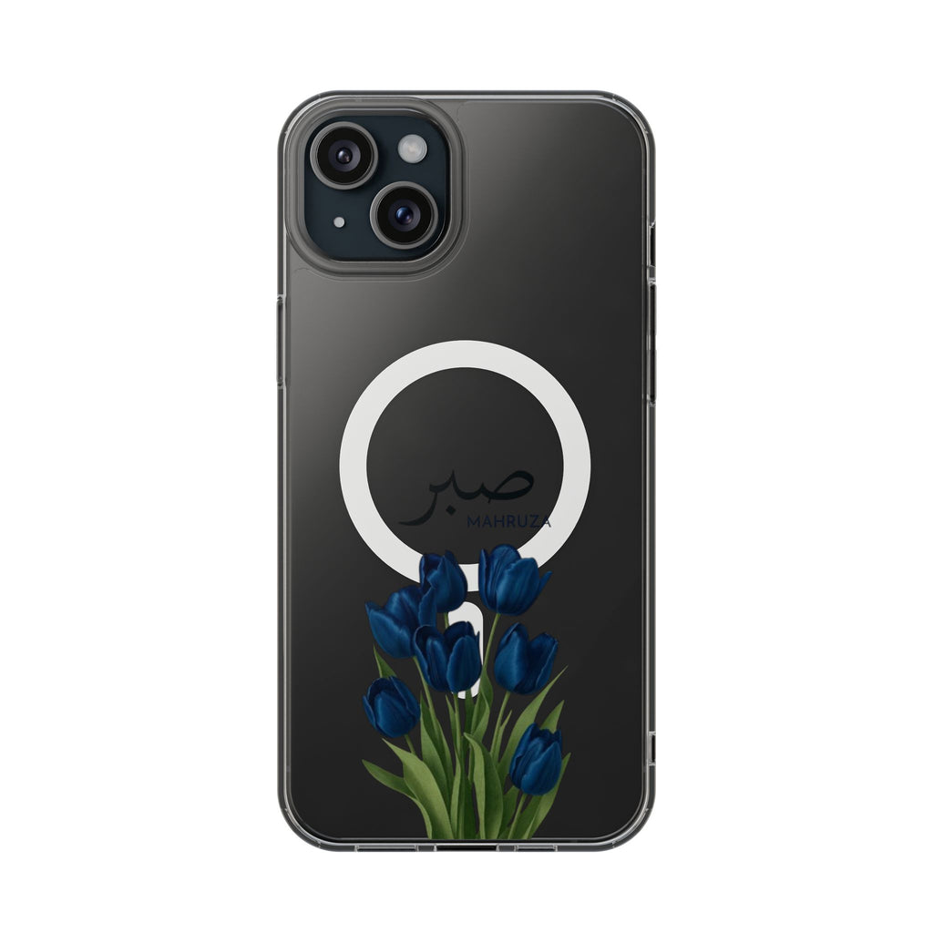 Clear Magnetic Phone Case — Blue Tulips with Arabic 'Sabr' (Patience)