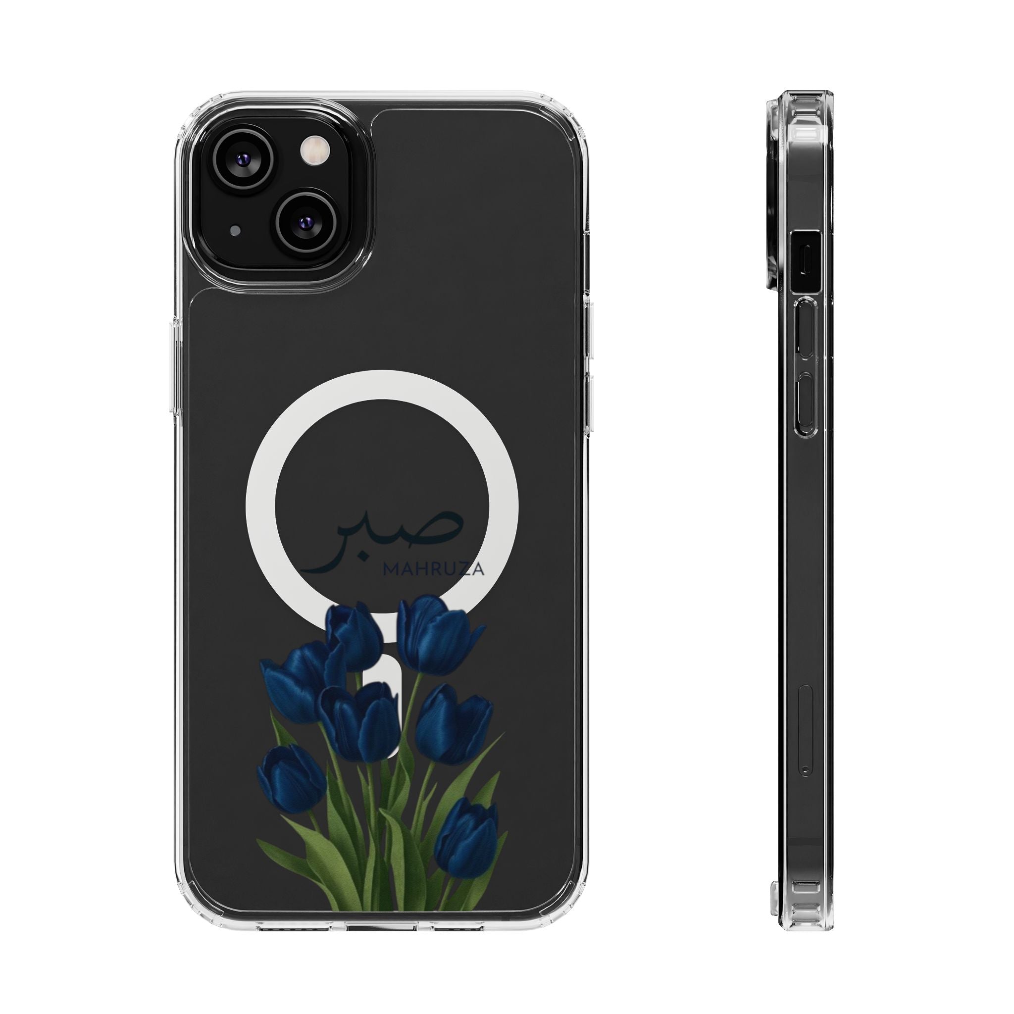 Clear Magnetic Phone Case — Blue Tulips with Arabic 'Sabr' (Patience)
