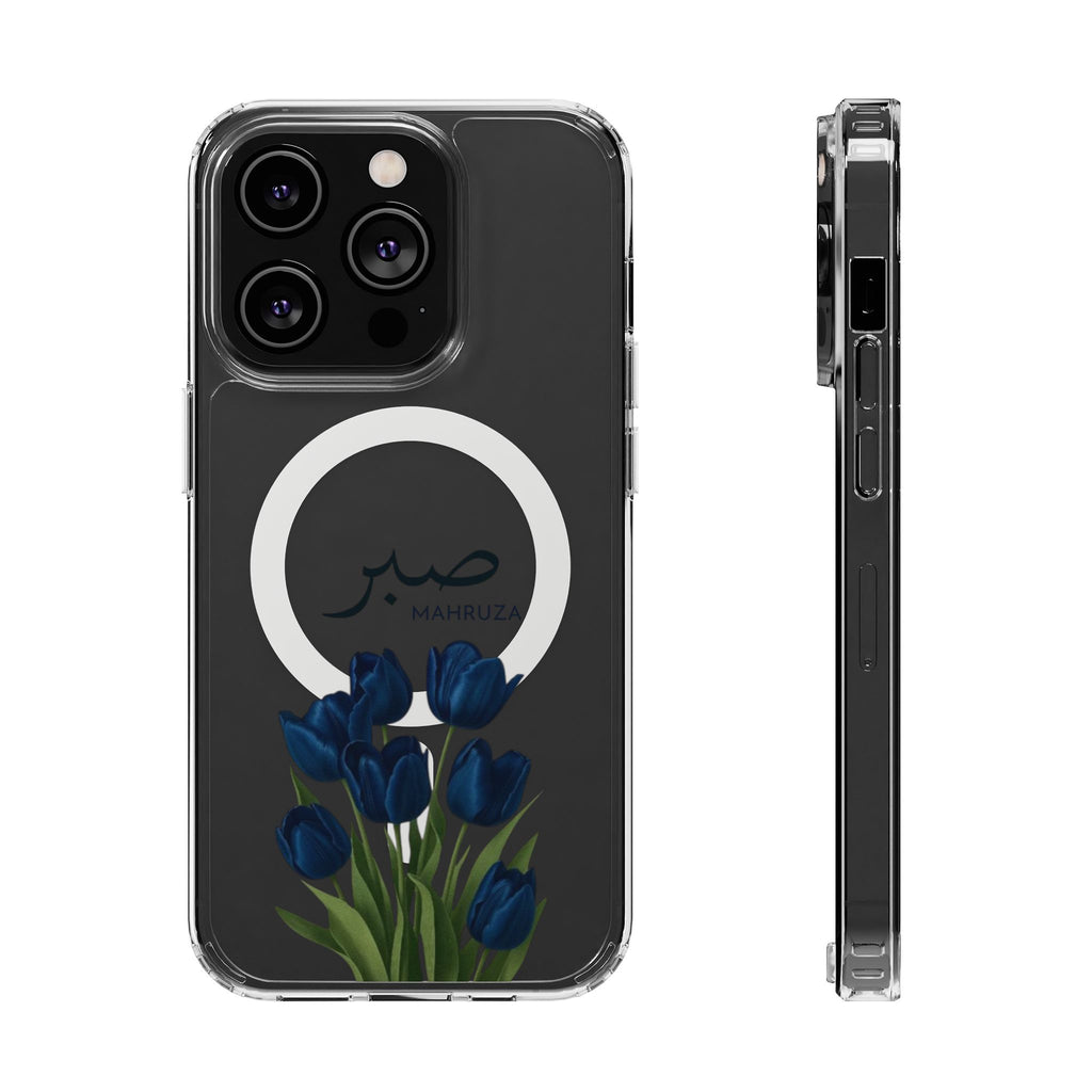 Clear Magnetic Phone Case — Blue Tulips with Arabic 'Sabr' (Patience)