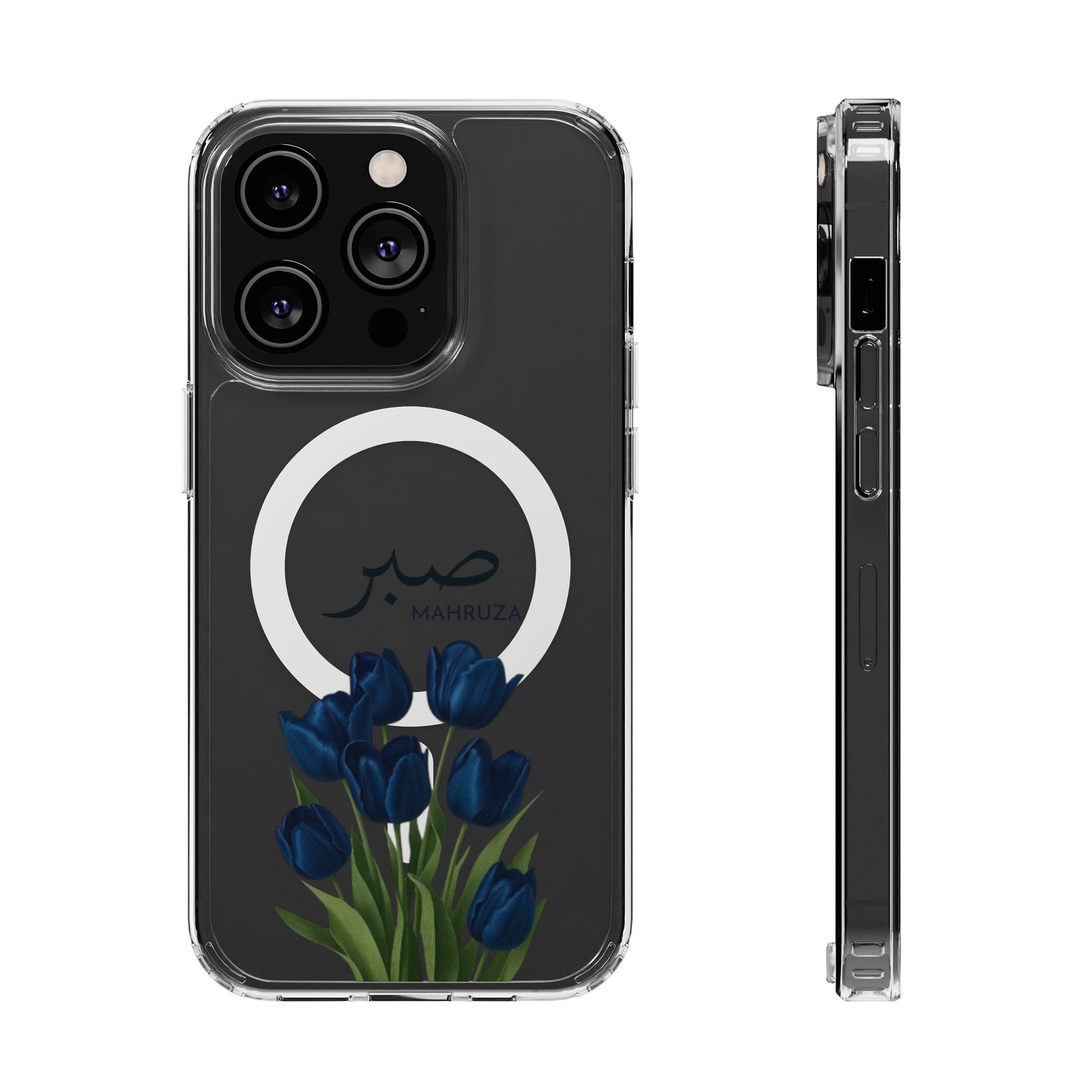 Clear Magnetic Phone Case — Blue Tulips with Arabic 'Sabr' (Patience)