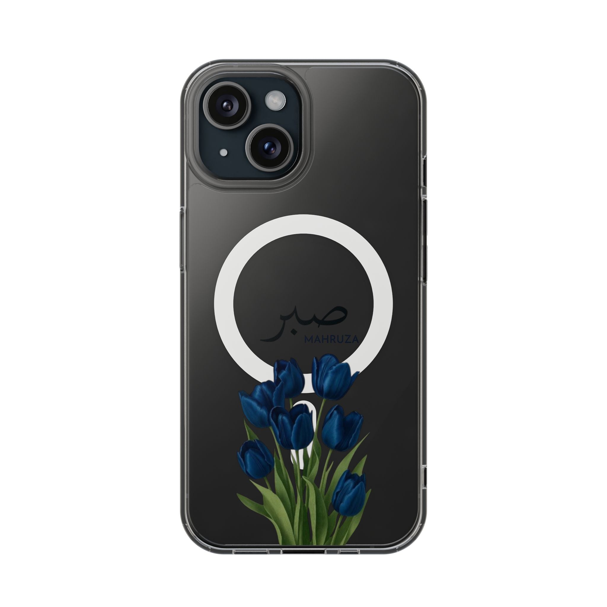 Clear Magnetic Phone Case — Blue Tulips with Arabic 'Sabr' (Patience)