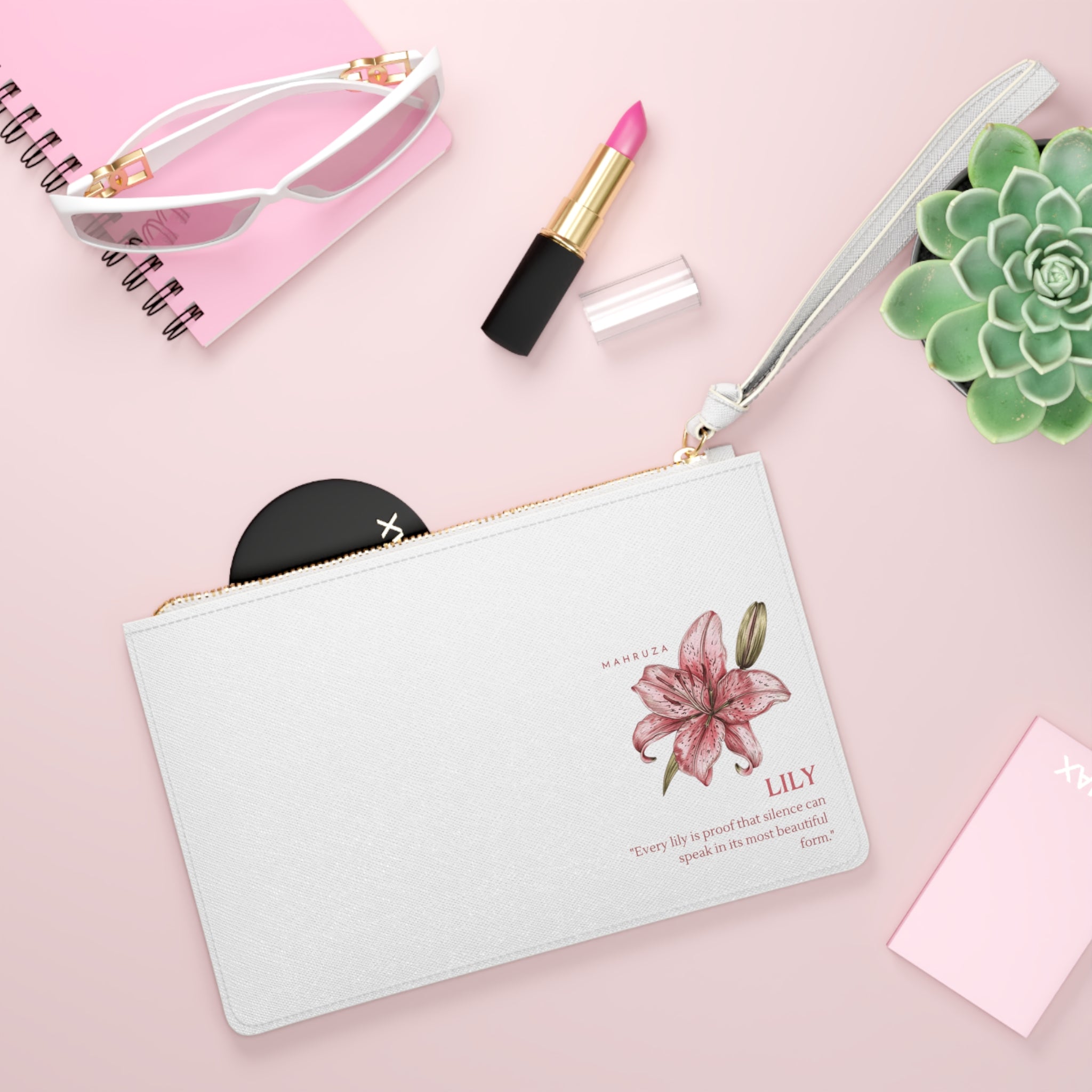 Lily Floral Clutch Bag — Pink Watercolor Lily Wristlet with Inspirational Quote