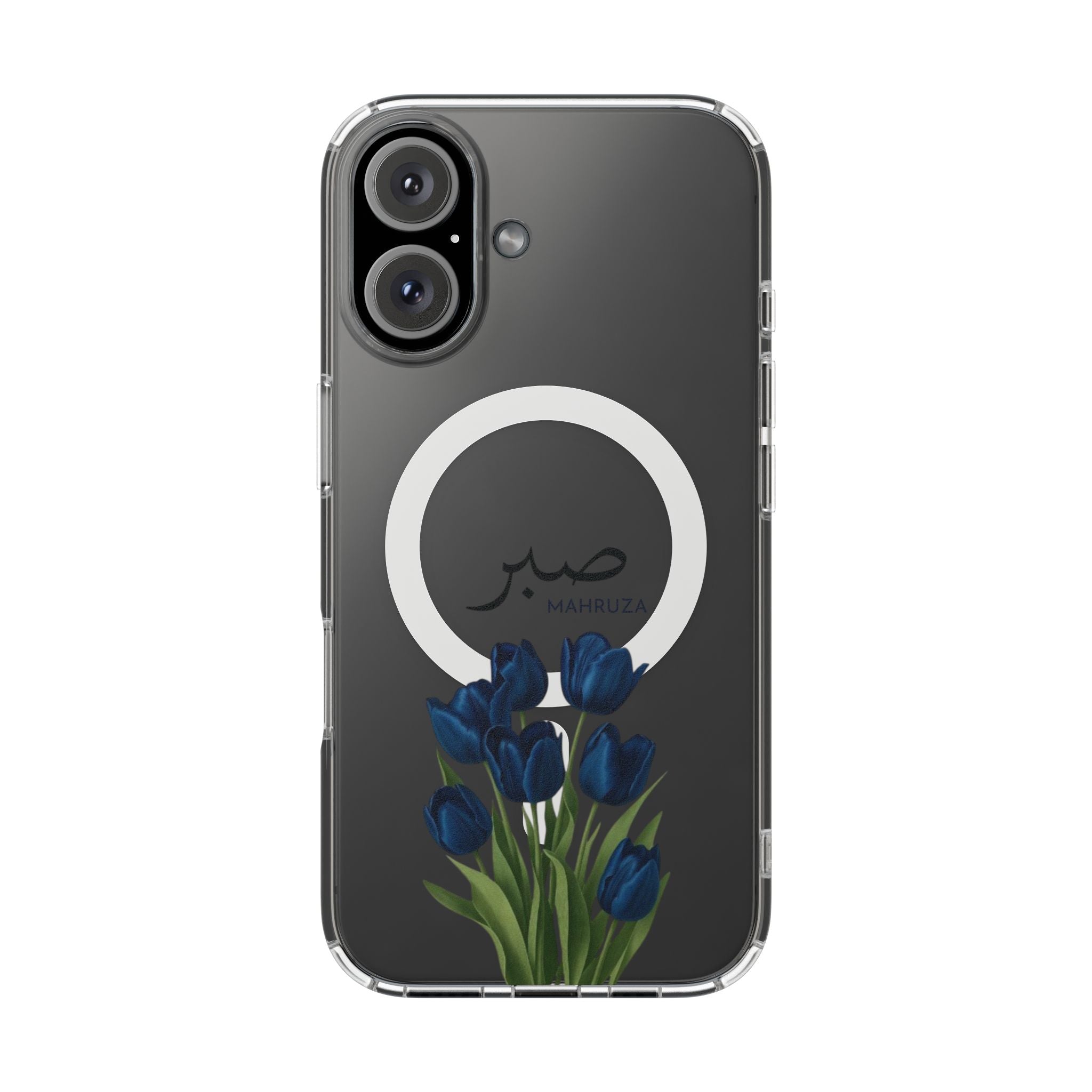 Clear Magnetic Phone Case — Blue Tulips with Arabic 'Sabr' (Patience)