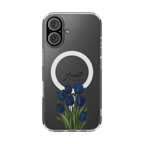 Clear Magnetic Phone Case — Blue Tulips with Arabic 'Sabr' (Patience)