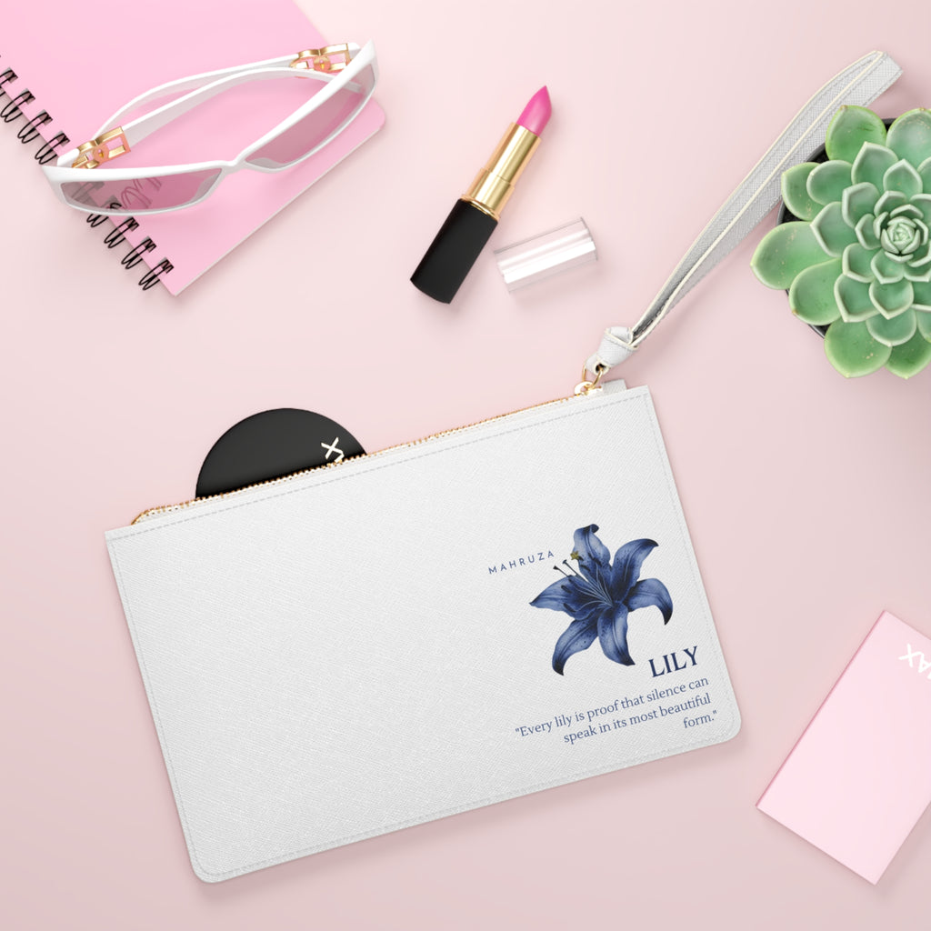 Lily Floral Clutch Bag — Elegant Blue Lily Wristlet with Inspirational Quote