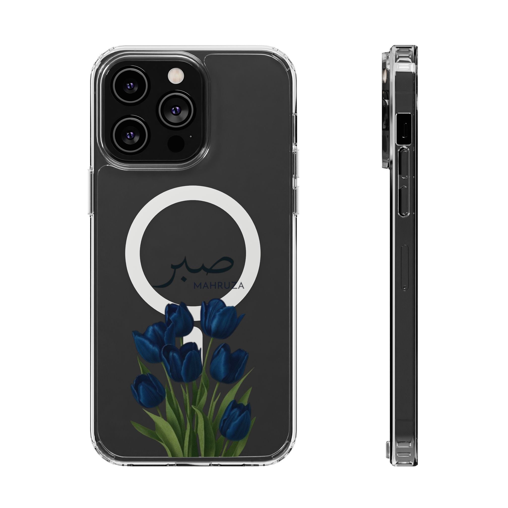 Clear Magnetic Phone Case — Blue Tulips with Arabic 'Sabr' (Patience)