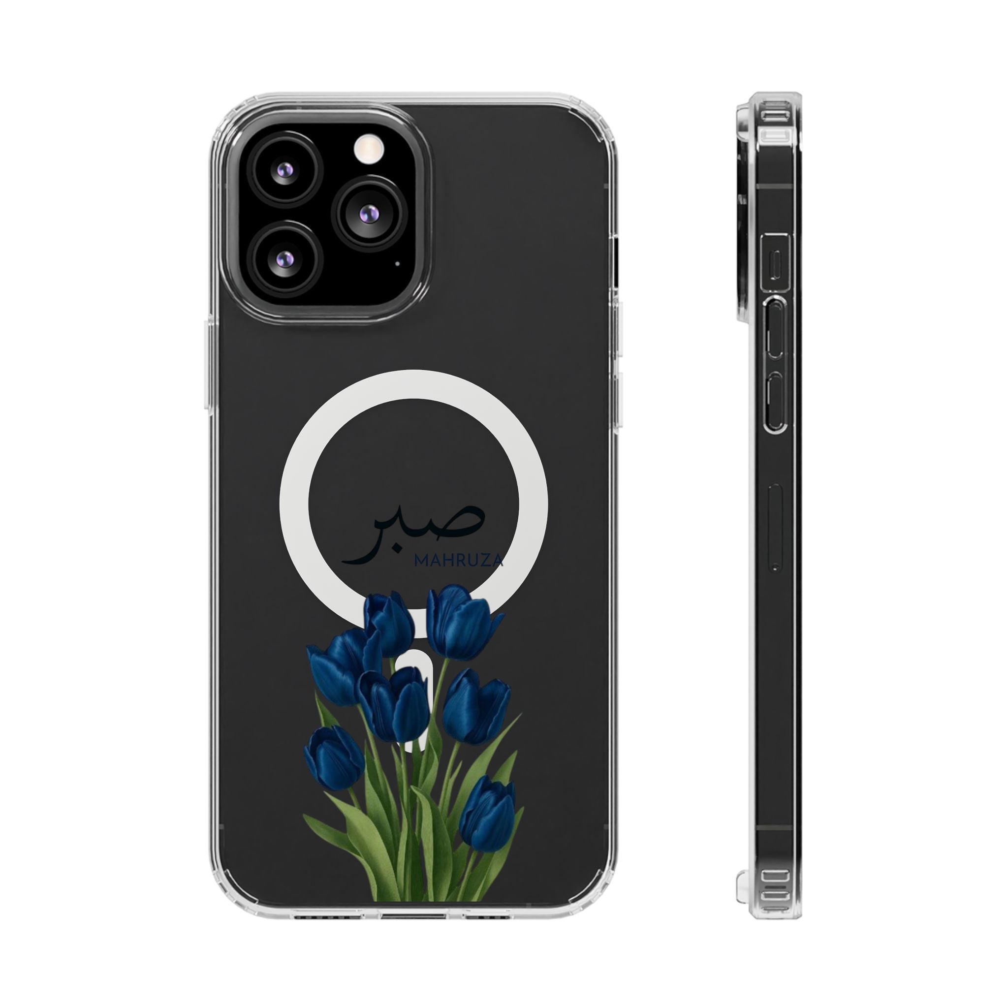 Clear Magnetic Phone Case — Blue Tulips with Arabic 'Sabr' (Patience)