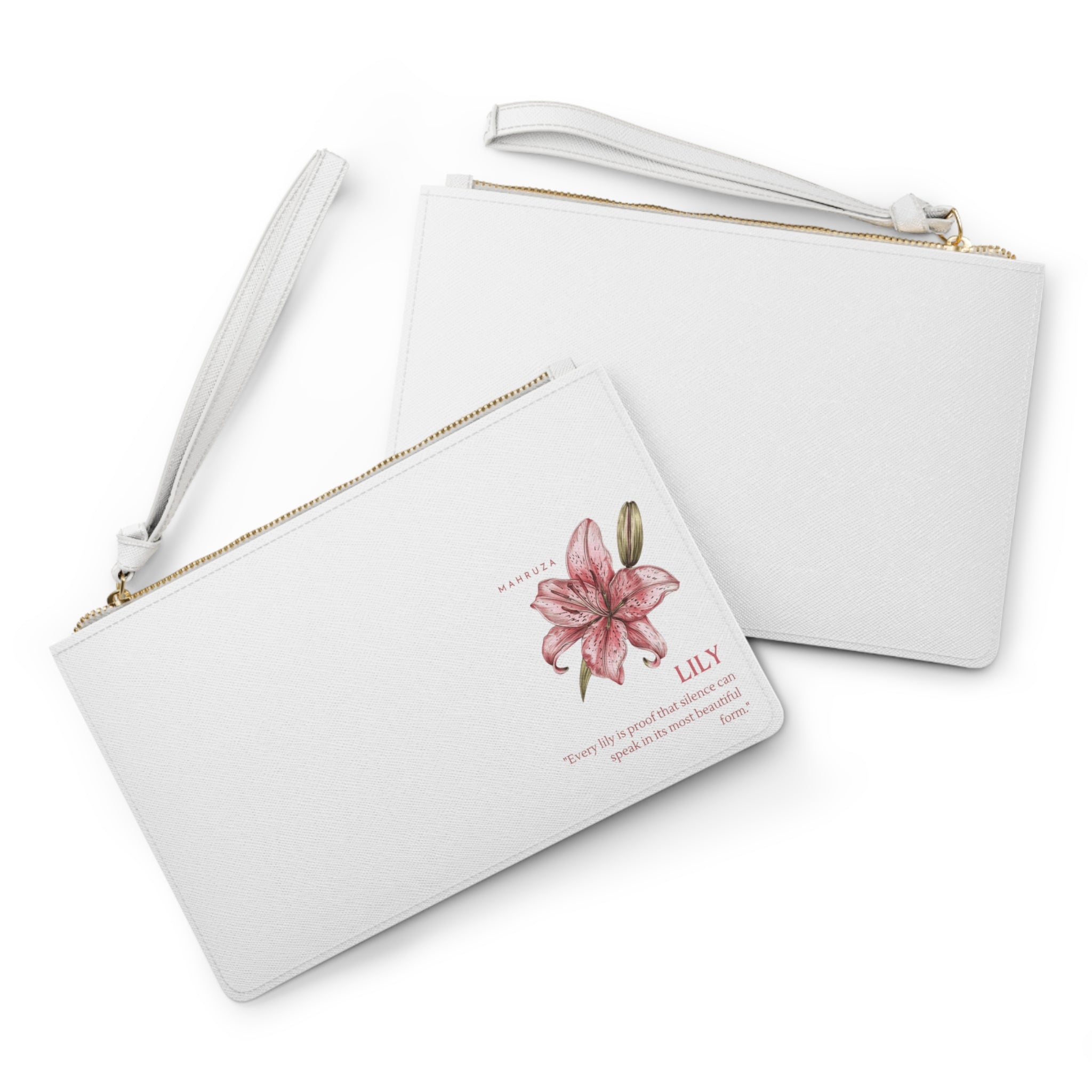 Lily Floral Clutch Bag — Pink Watercolor Lily Wristlet with Inspirational Quote