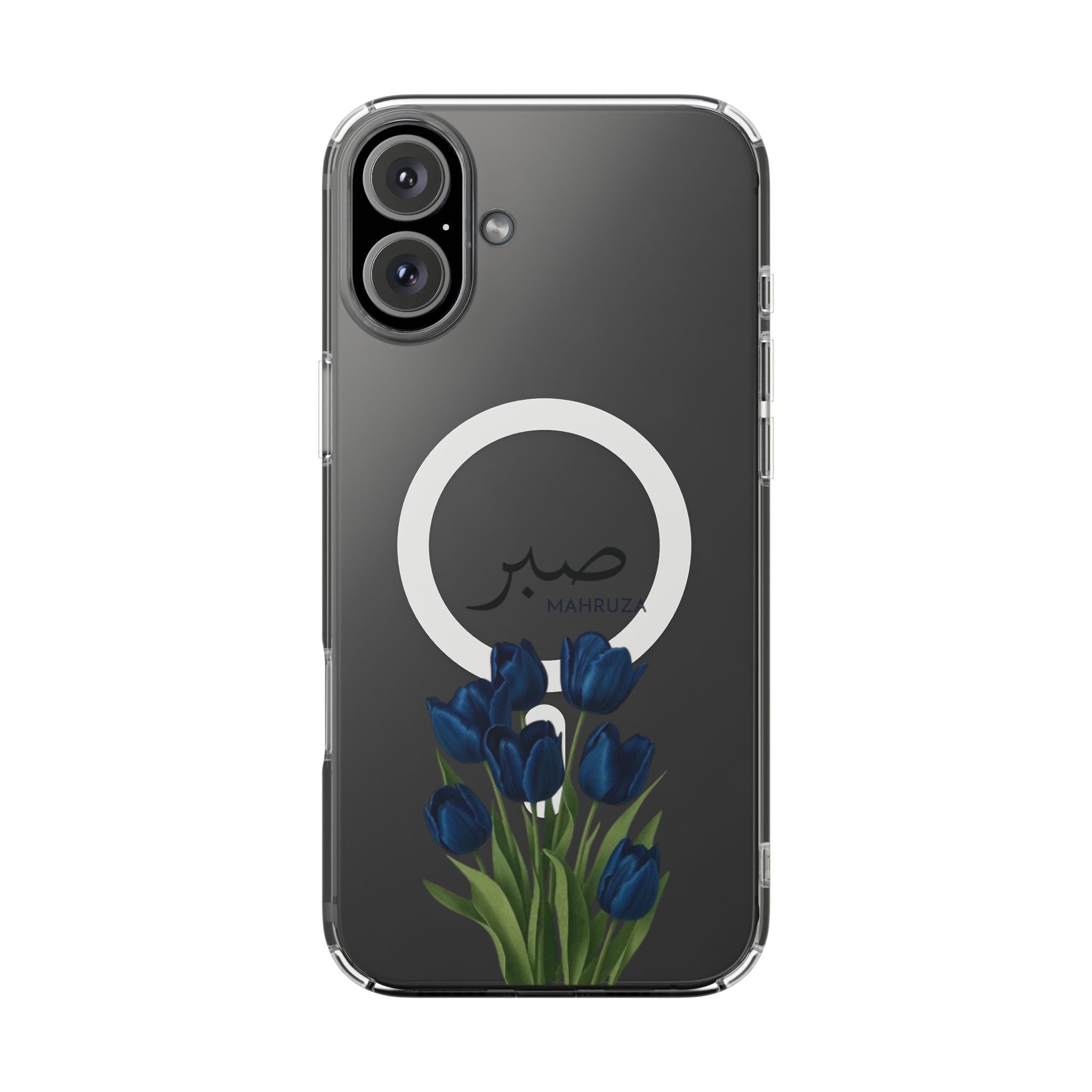 Clear Magnetic Phone Case — Blue Tulips with Arabic 'Sabr' (Patience)