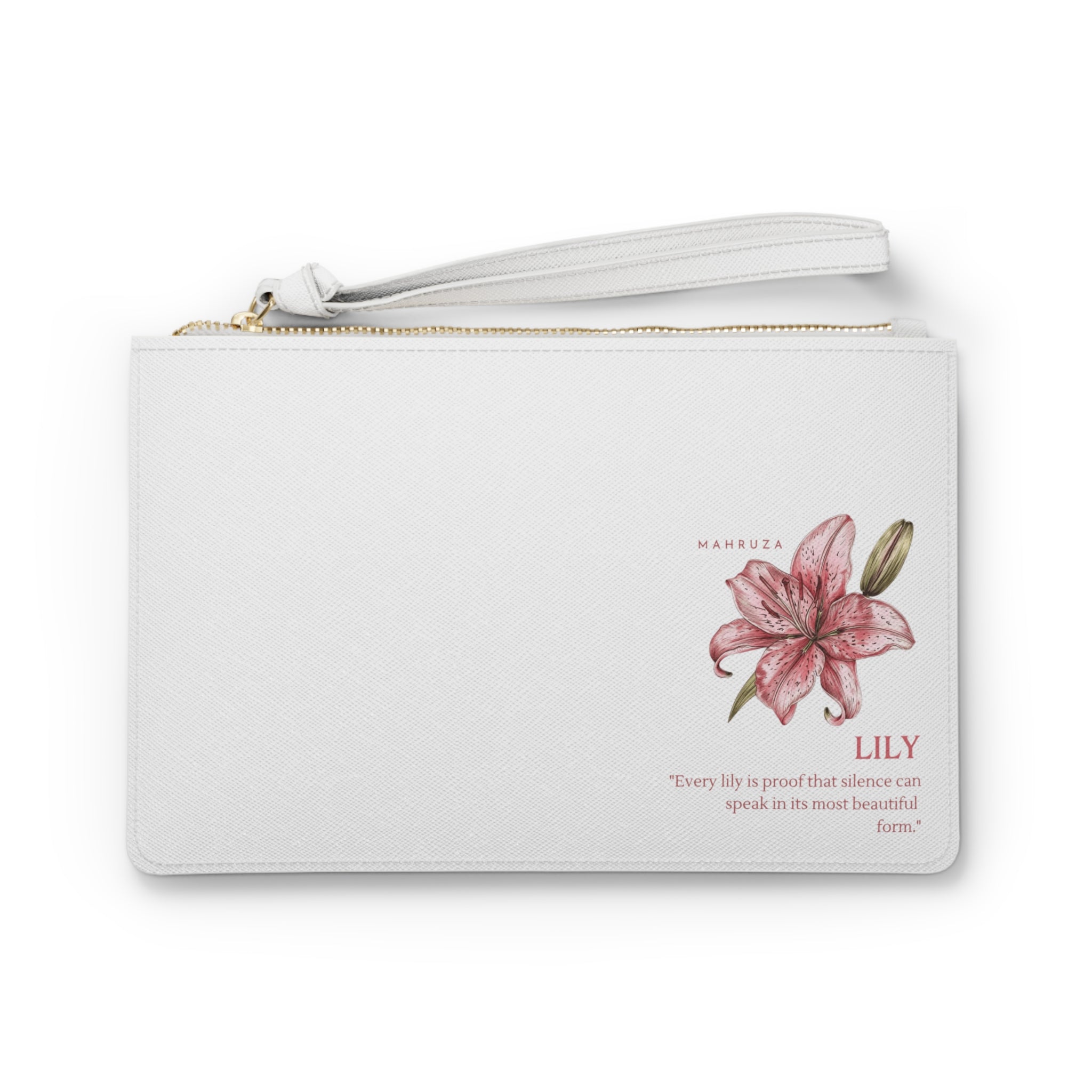 Lily Floral Clutch Bag — Pink Watercolor Lily Wristlet with Inspirational Quote